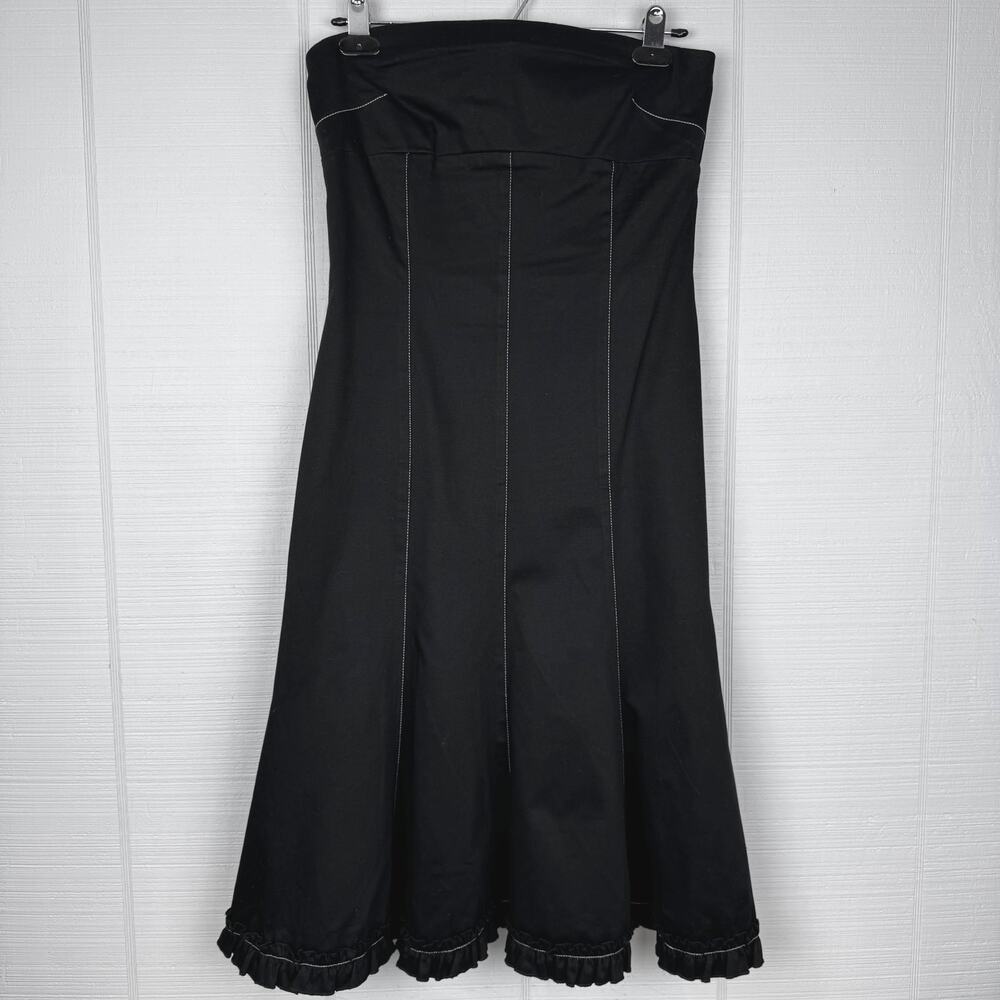 Ruth Anthropologie Black Strapless A-line Dress White Stitching Ruffle Hem 4 Y2K